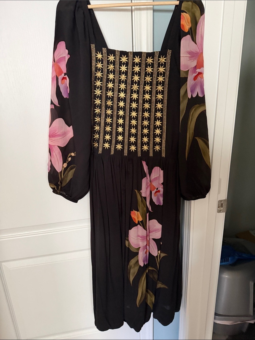 Farm for Anthropologie Black Embroidered Dress with Flower Accents